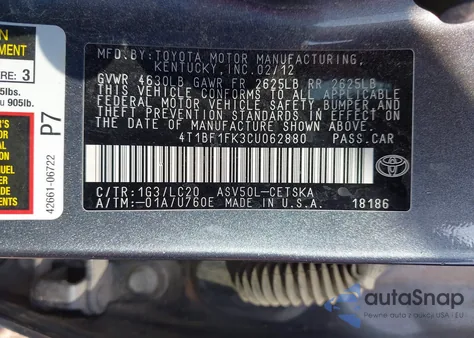 2012 Toyota Camry Se z USA, uszkodzony, nr VIN 4T1BF1FK3CU062880